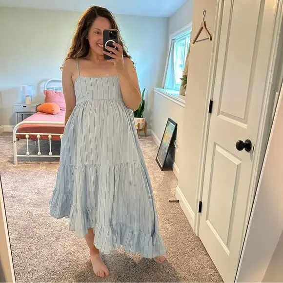 Frame Blue Striped Cotton Hemp Asymmetric Maxi Dress Small - Picture 2 of 13